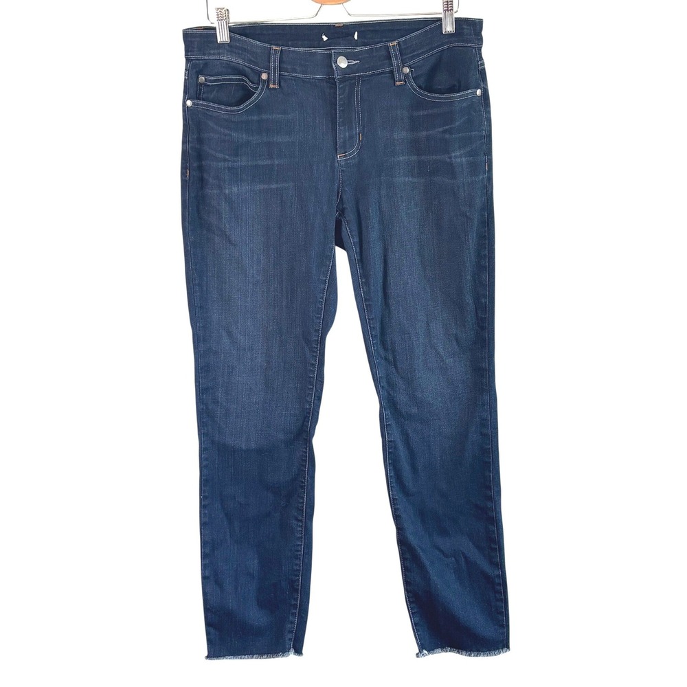 Eileen Fisher Skinny Straight Jeans Dark Wash Blue Womens 12 Raw Hem Stretch